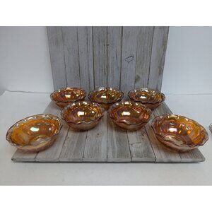 Set Of 7 Vintage Hazel Atlas Marigold Desert Bowls 4 1/2" Diamond Point Columns